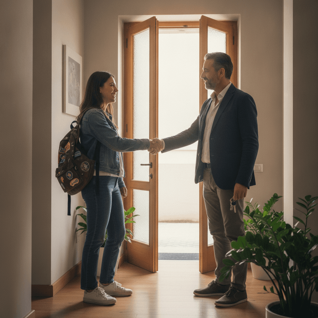 Landlord welcoming an international Erasmus student at the entrance of a rental apartment